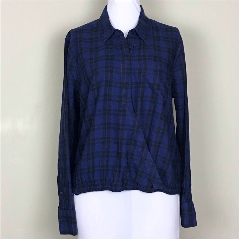 Madewell Plaid Blue & Black Cross Front Shirt